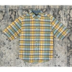 Woolrich Men’s Button Up Short Sleeve Shirt Yellow Blue Plaid Cotton Size Small